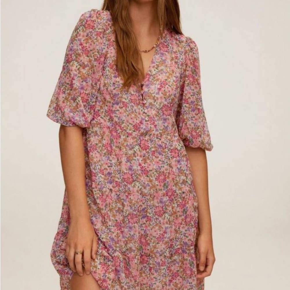 Mango Floral Multicolor Mini Dress Chiffon Floral Ruffle Fit and flare Flowy 2